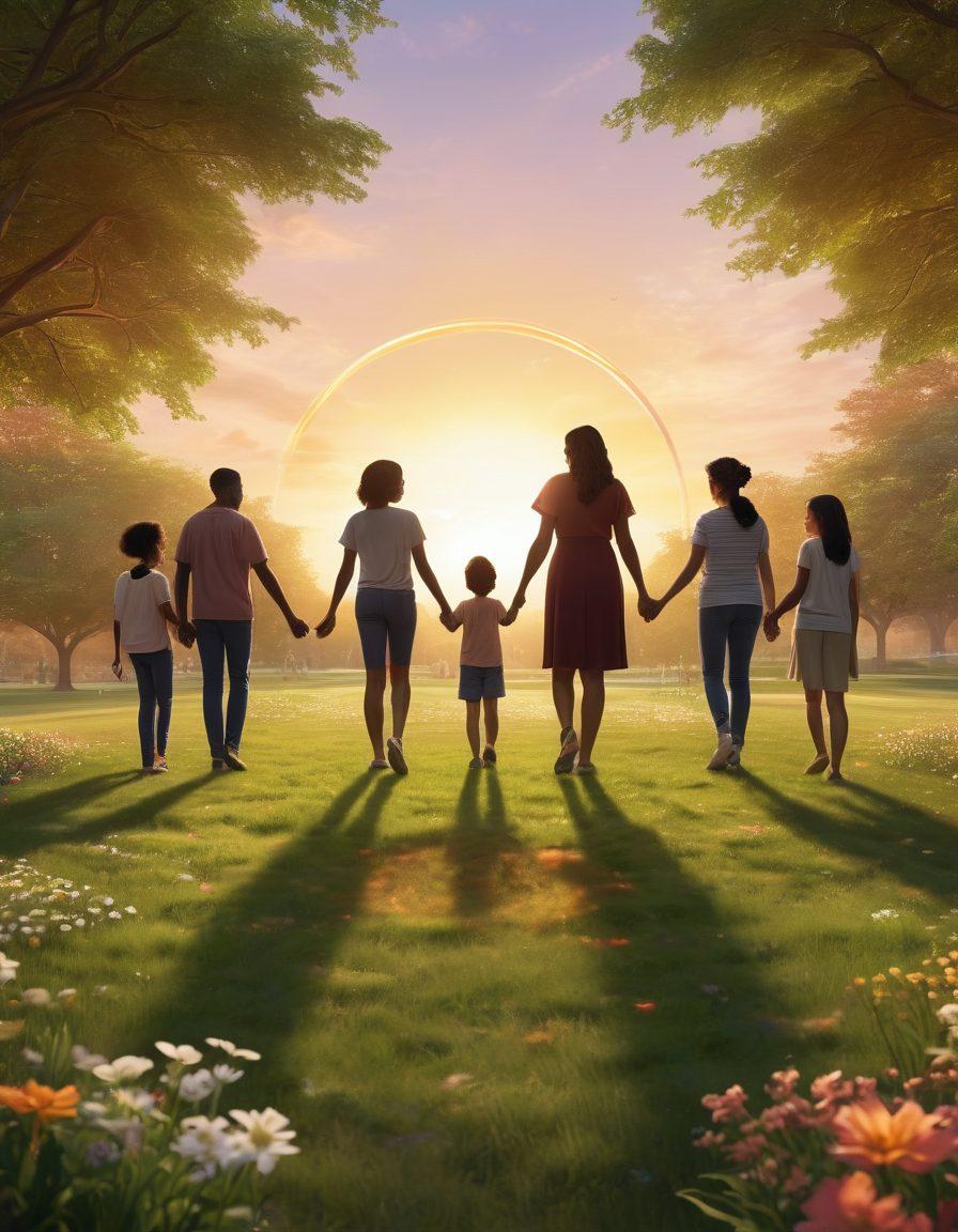 A diverse group of people, including adults and children, holding hands in a circle, standing together in a lush park, symbolizing unity and support. In the background, a soft sunset glows, casting warm light on the scene. Elements of hope, like ribbons and flowers, are integrated throughout the circle. The atmosphere conveys strength in community amidst challenges. super-realistic. vibrant colors. warm tones.