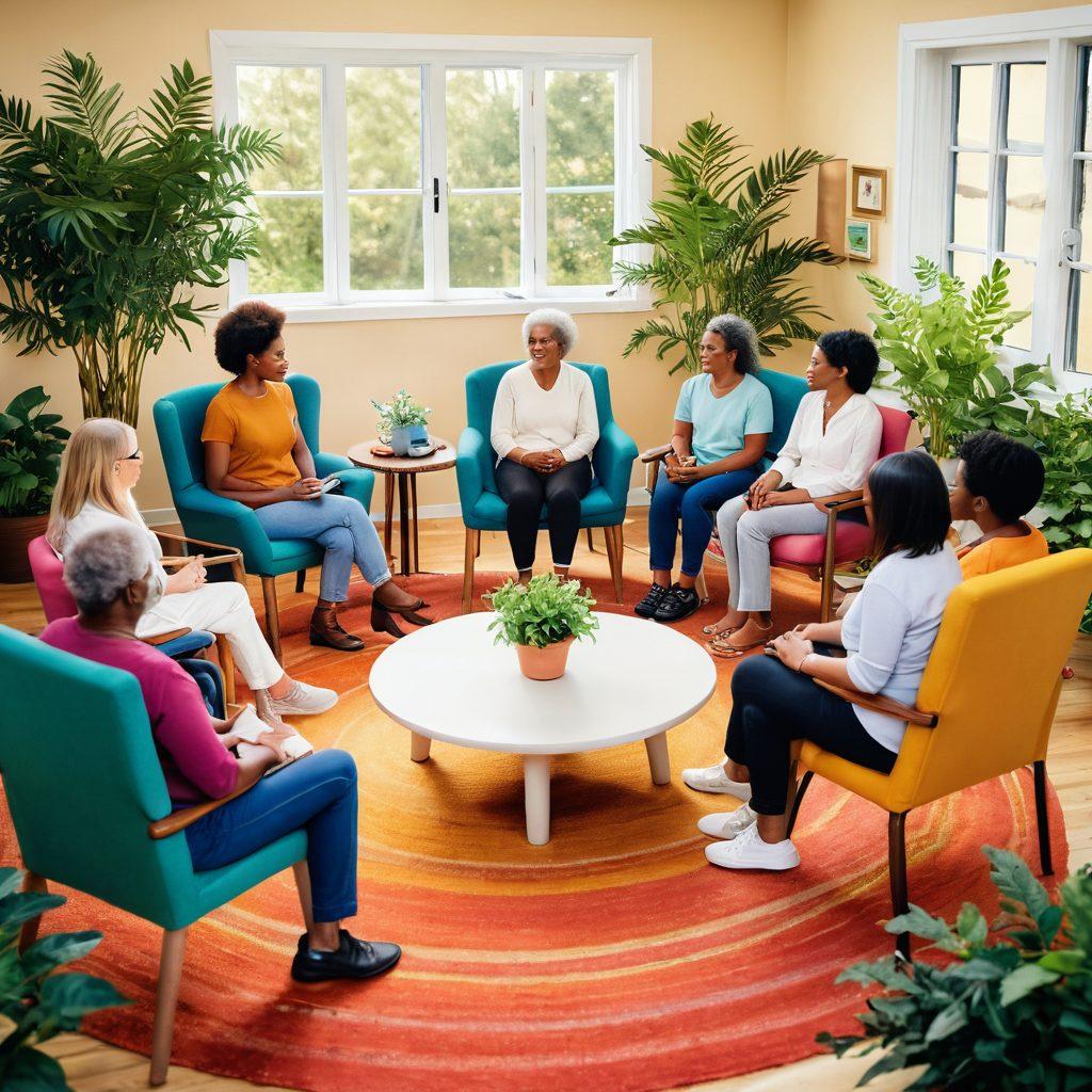 A warm, inviting scene depicting diverse individuals sharing empowering stories in a cozy, community support group setting. Illustrate a circular arrangement of chairs with people of different ages and backgrounds, animatedly listening and speaking, surrounded by soothing plants and soft lighting. Include subtle symbols of hope like butterflies and healing crystals. Emphasize connection and support through body language and expressions. vibrant colors. soft focus.
